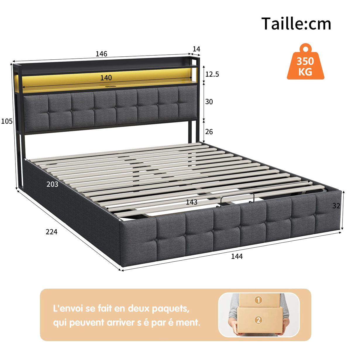 Double padded bed, 160x200 cm, bed 2 people Storage space, head with LED USB, wooden slatted box, Gray