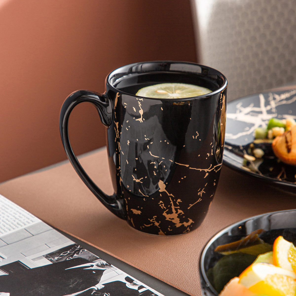 MALACASA marble black tableware set, 16-piece porcelain tableware set, dinnerware set plates and bowls, cups and saucers