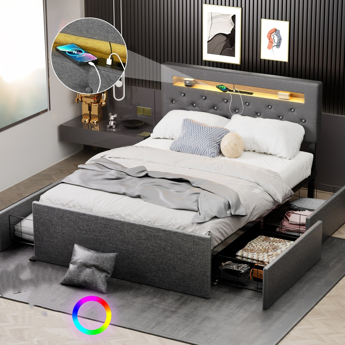 letto matrimoniale 140x200 cm con luci LED, testiera imbottita con vano contenitore silenziosa, colore grigio