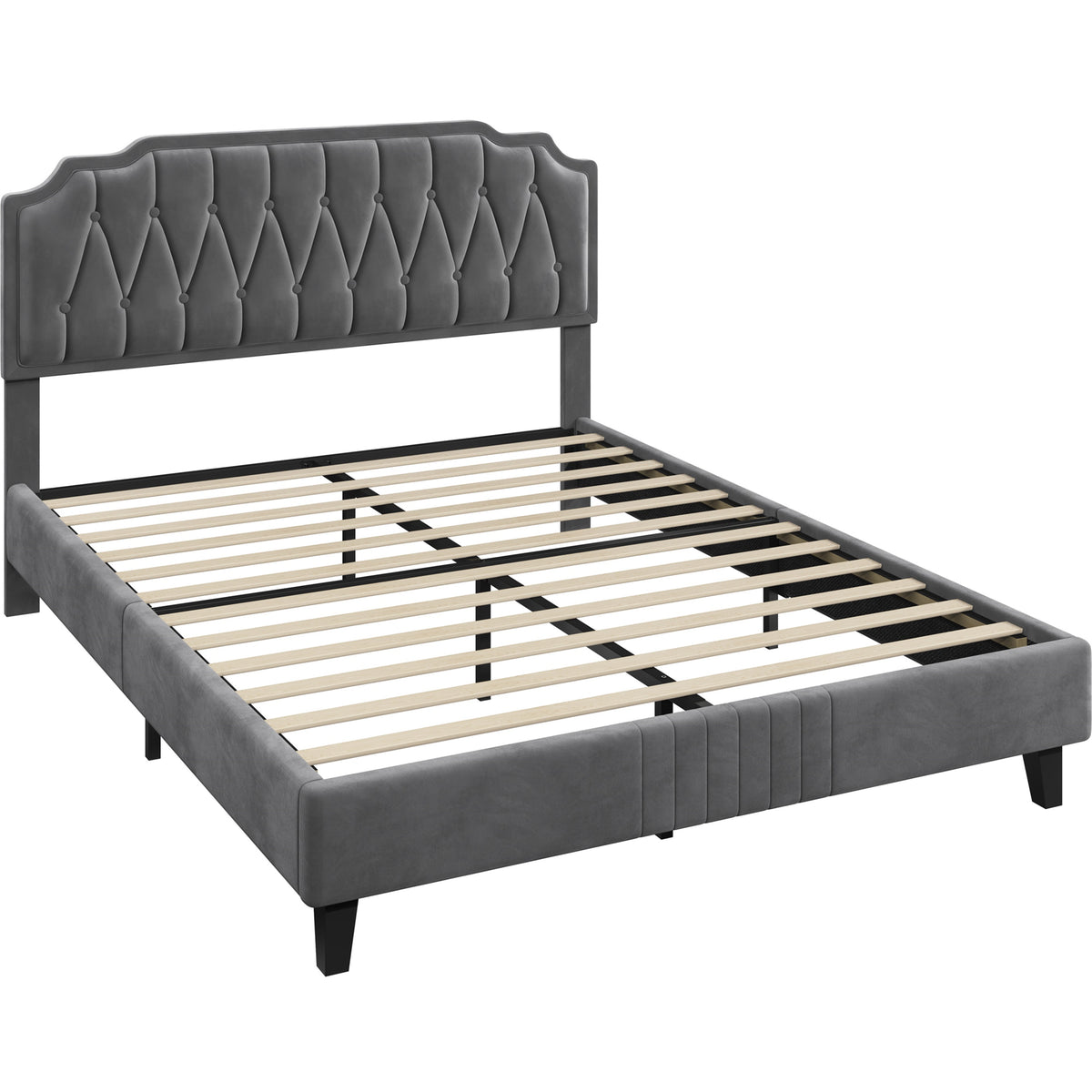Costoffs Bed Frame with Upholstered And Quilted Headboard Adjustable Height Wooden Bed with Slatted Base Solid Wood And Metal Legs