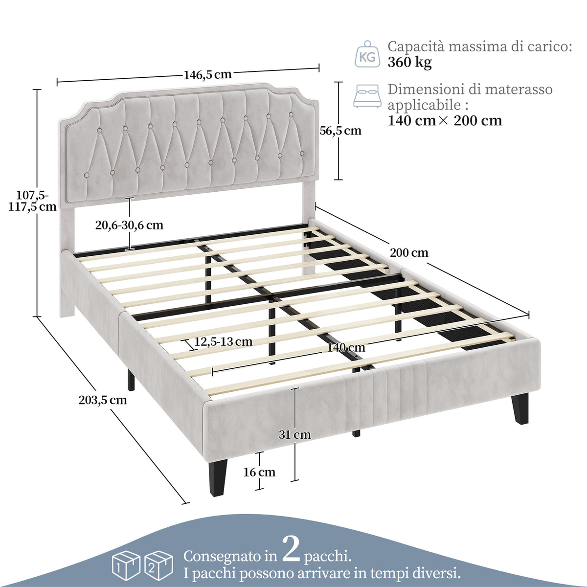 Costoffs Bed Frame with Upholstered And Quilted Headboard Adjustable Height Wooden Bed with Slatted Base Solid Wood And Metal Legs