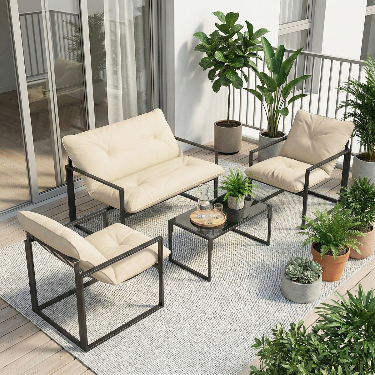 Sunny Set 4pcs Garden Sofa Set, Furniture Set with 2-Seater Sofa, 2 Armchairs, Cushions And Glass Coffee Table, Steel Structure, Black And Grey