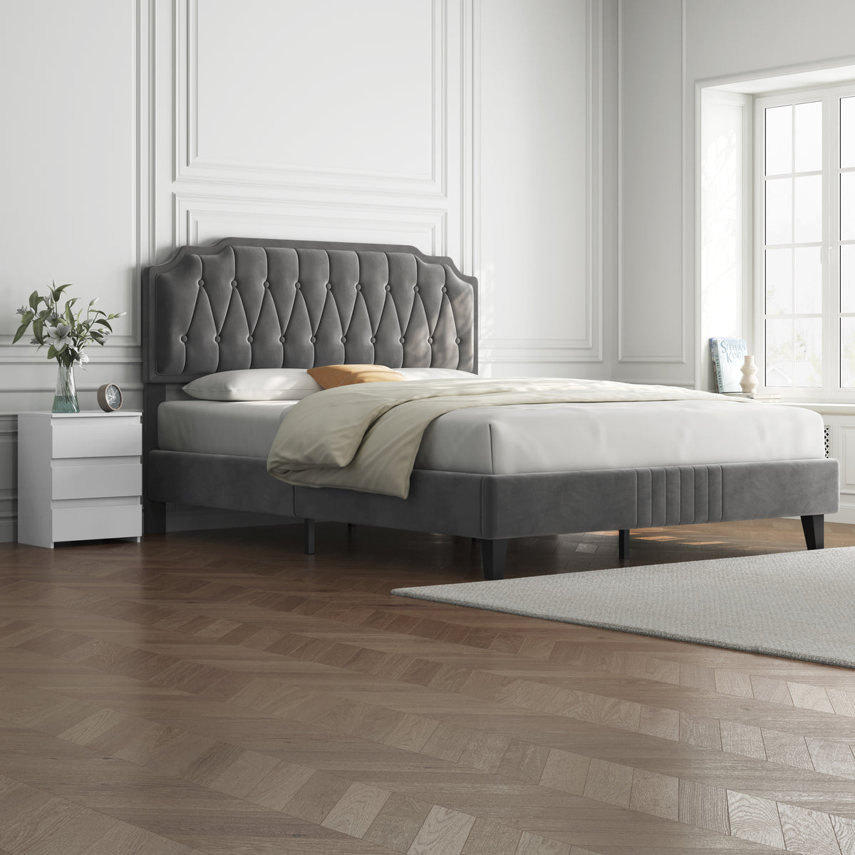 Costoffs Bed Frame with Upholstered And Quilted Headboard Adjustable Height Wooden Bed with Slatted Base Solid Wood And Metal Legs