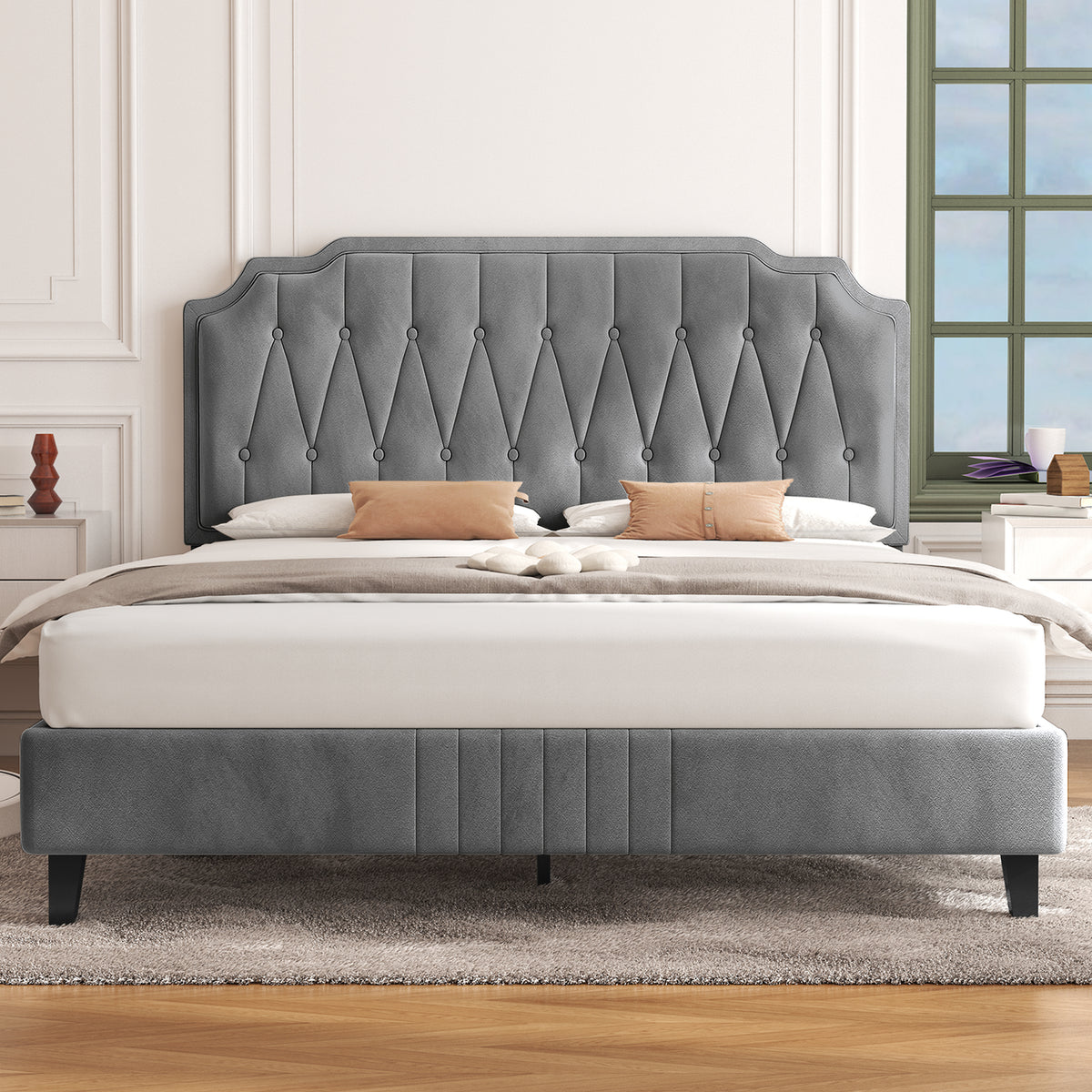 Costoffs Bed Frame with Upholstered And Quilted Headboard Adjustable Height Wooden Bed with Slatted Base Solid Wood And Metal Legs