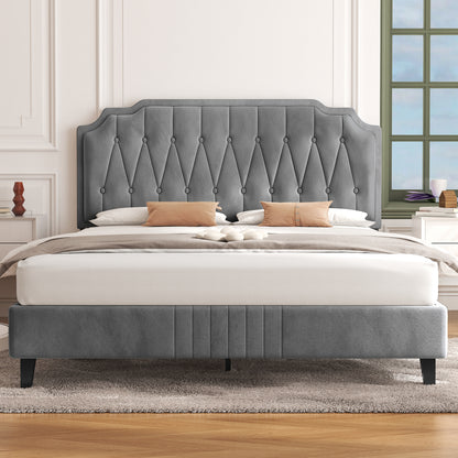 Costoffs Bed Frame with Upholstered And Quilted Headboard Adjustable Height Wooden Bed with Slatted Base Solid Wood And Metal Legs