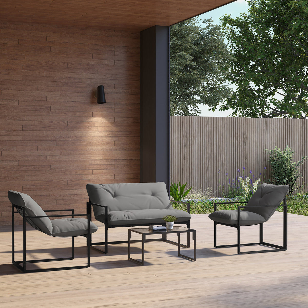 Sunny Set 4pcs Garden Sofa Set, Furniture Set with 2-Seater Sofa, 2 Armchairs, Cushions And Glass Coffee Table, Steel Structure, Black And Grey