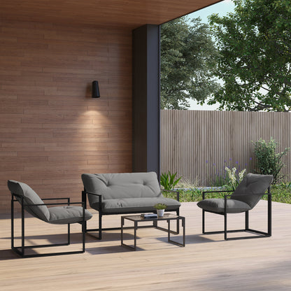 Sunny Set 4pcs Garden Sofa Set, Furniture Set with 2-Seater Sofa, 2 Armchairs, Cushions And Glass Coffee Table, Steel Structure, Black And Grey