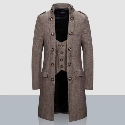 Cappotto lungo da uomo caldo e invernale, con bottoni, in tweed classico