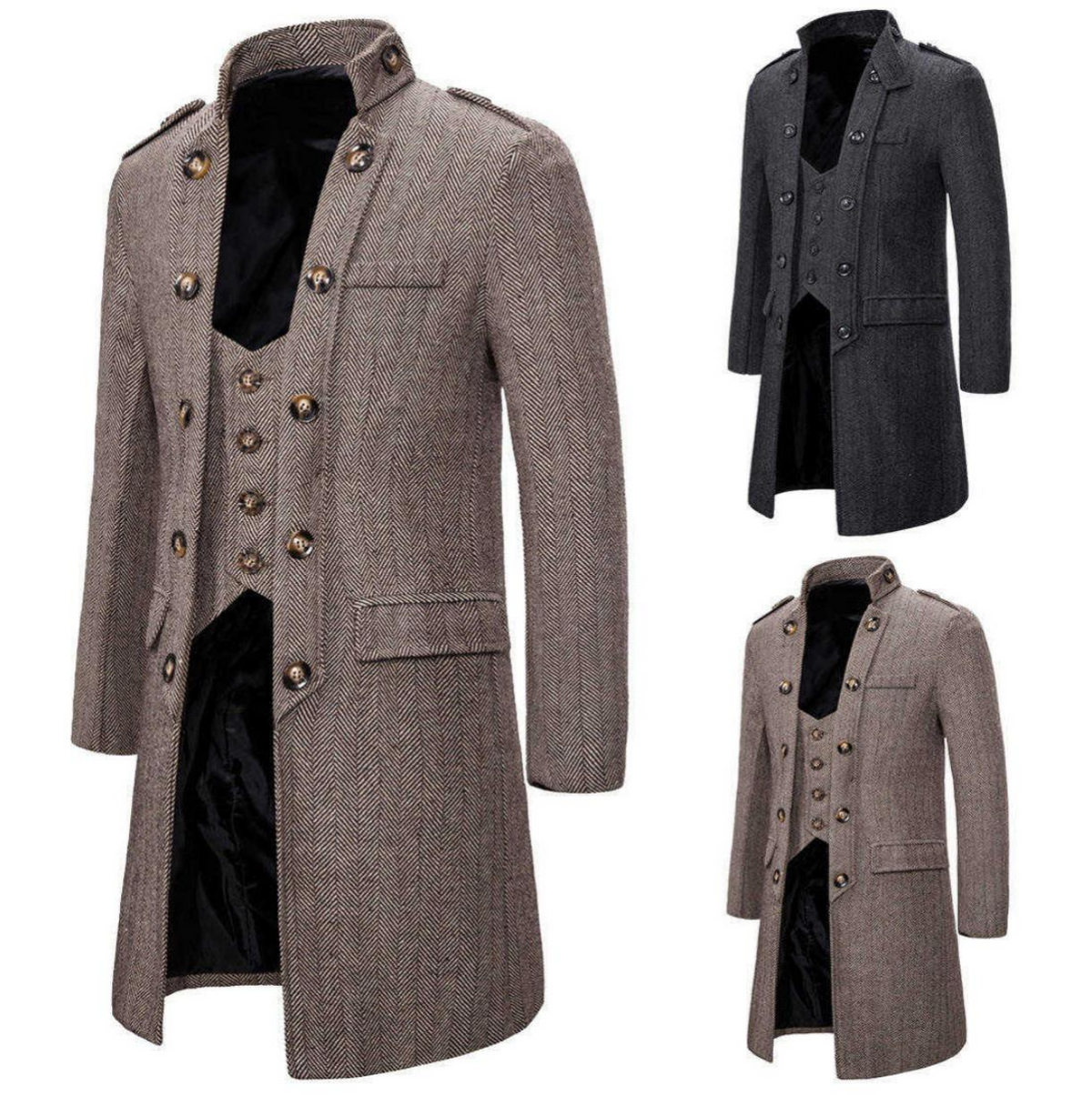 Cappotto lungo da uomo caldo e invernale, con bottoni, in tweed classico