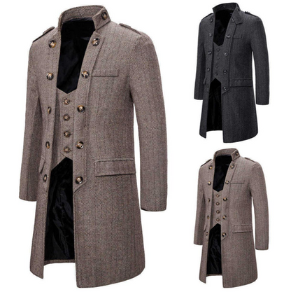 Cappotto lungo da uomo caldo e invernale, con bottoni, in tweed classico
