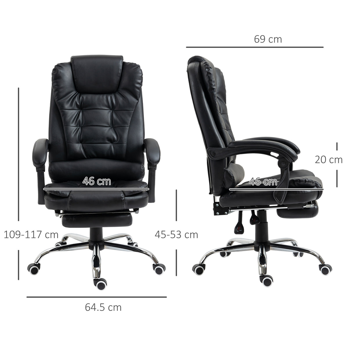 HOMCOM Ergonomic Presidential Office Chair in PU Leather, Swivel Office Chair with High Reclining Back 145, Adjustable Height and Pull-Out Footrest, color Black