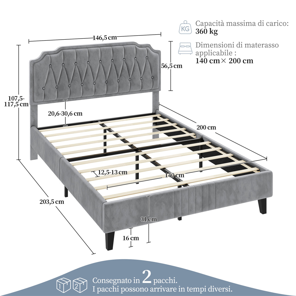 Costoffs Bed Frame with Upholstered And Quilted Headboard Adjustable Height Wooden Bed with Slatted Base Solid Wood And Metal Legs