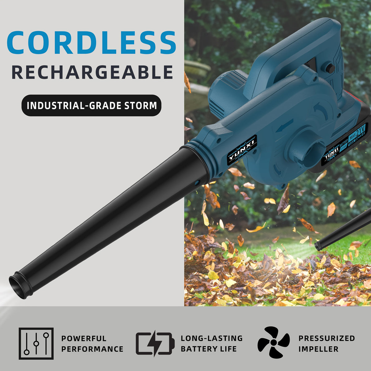 Battery Blower, 300W 12000 rpm for lawn care, leaf removal