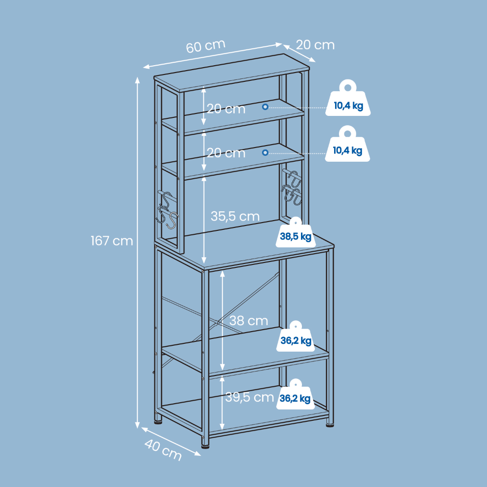 Kitchen Shelf with Power Strip, Microwave Oven Cabinet with Shelves and Hooks