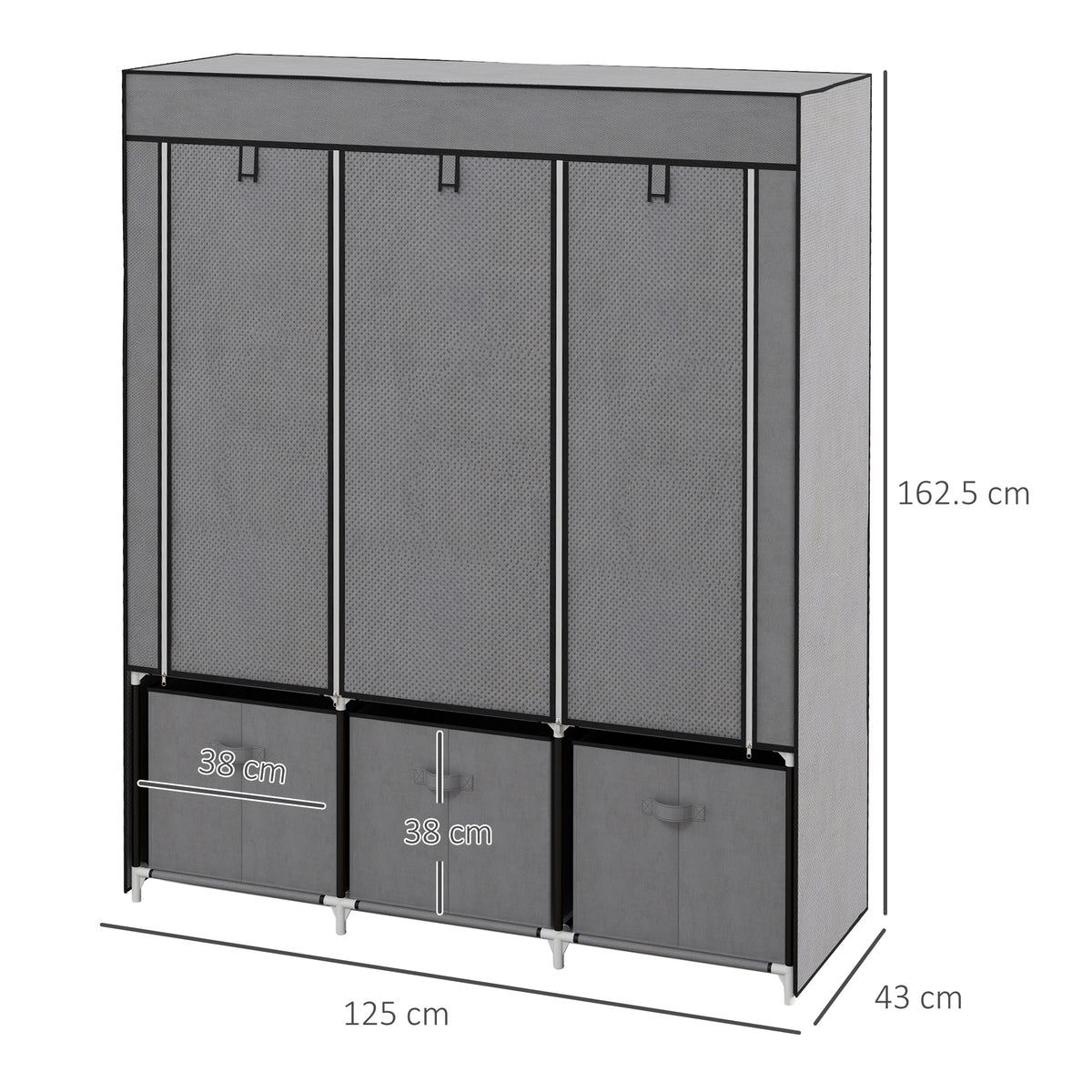 HOMCOM Space Saving Fabric Wardrobe, Folding Wardrobe with Shelves and Drawers, Zip Roll-Up Doors, 125x43x162.5cm