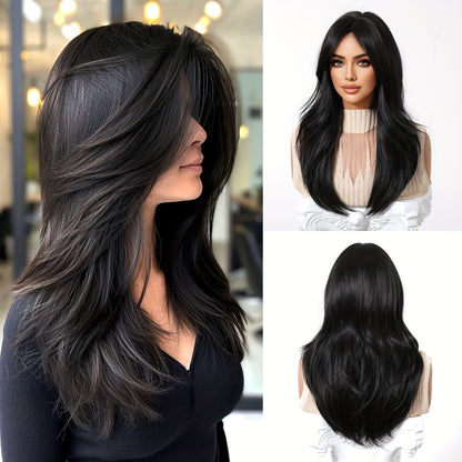 Daily Wig, Black Middle Part Long Straight Hair, Rose Net Cap, European and American Women