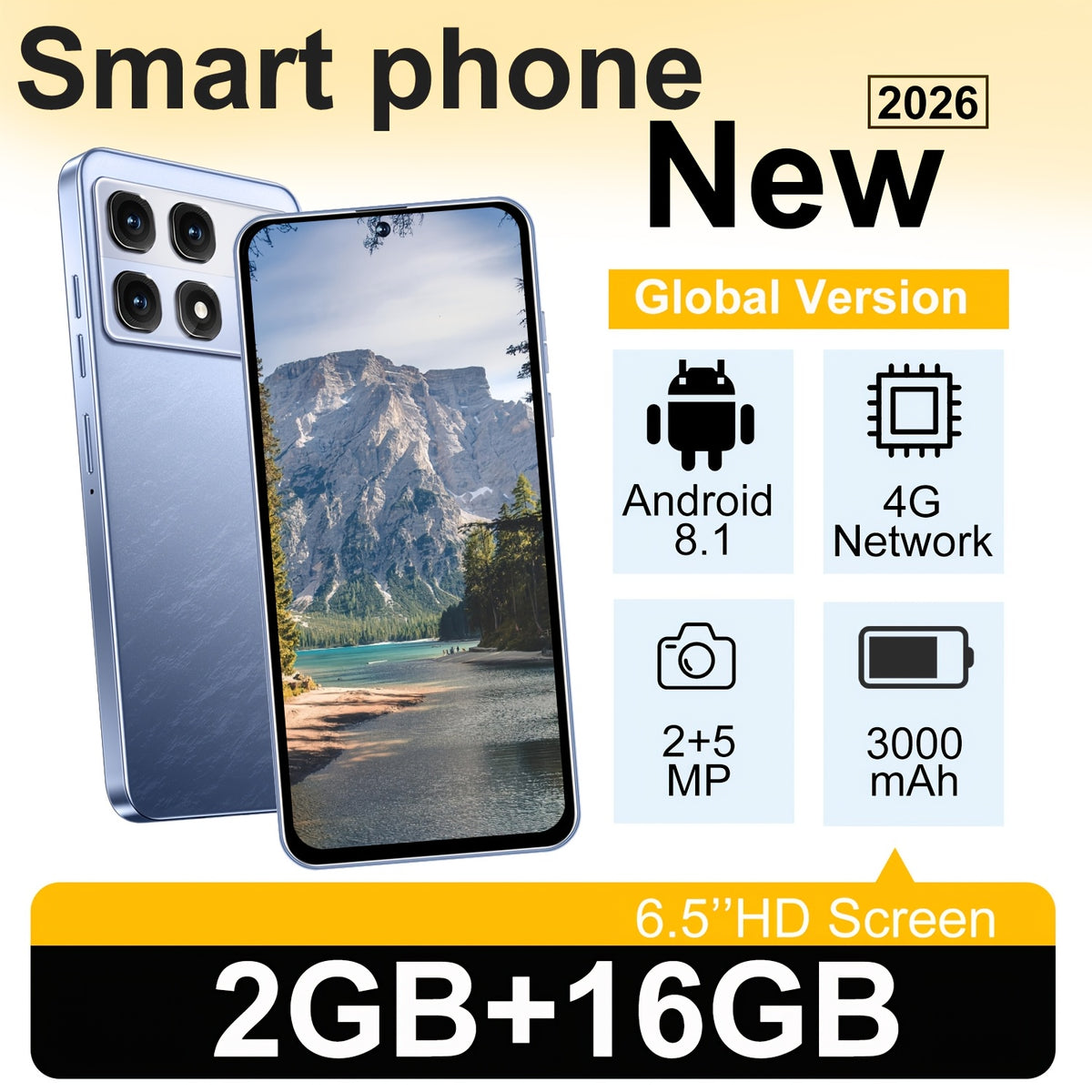 6.56-inch high touch screen, 2GB RAM+16GB ROM dual SIM card, 3000mAh battery, Type-C USB 2MP+16MP high-definition front and rear cameras