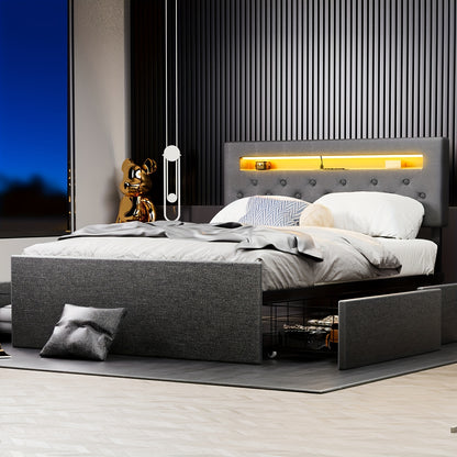 letto matrimoniale 140x200 cm con luci LED, testiera imbottita con vano contenitore silenziosa, colore grigio