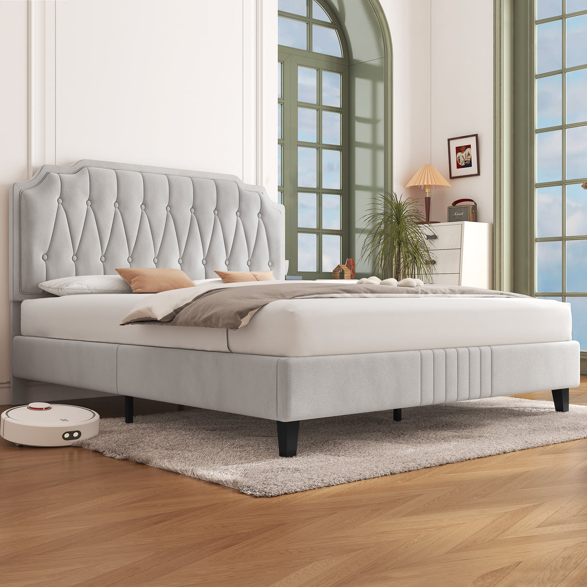 Costoffs Bed Frame with Upholstered And Quilted Headboard Adjustable Height Wooden Bed with Slatted Base Solid Wood And Metal Legs