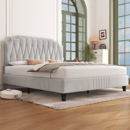 Costoffs Bed Frame with Upholstered And Quilted Headboard Adjustable Height Wooden Bed with Slatted Base Solid Wood And Metal Legs