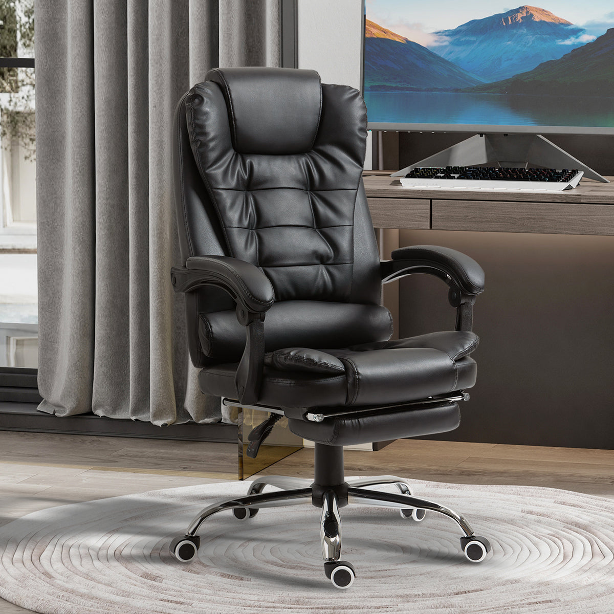 HOMCOM Ergonomic Presidential Office Chair in PU Leather, Swivel Office Chair with High Reclining Back 145, Adjustable Height and Pull-Out Footrest, color Black