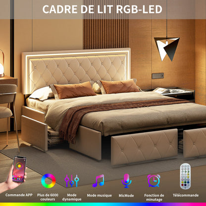 Modern Double Bed 140/160x200cm with LED Lighting, 4-Drawer Headboard, Adjustable Frame & Storage