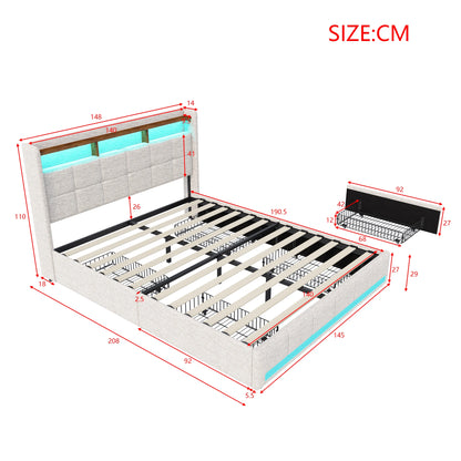 Trunk bed 160x200 with LED box bed USB padded Double bed with 4 drawers padded bed with slatted box and headboard