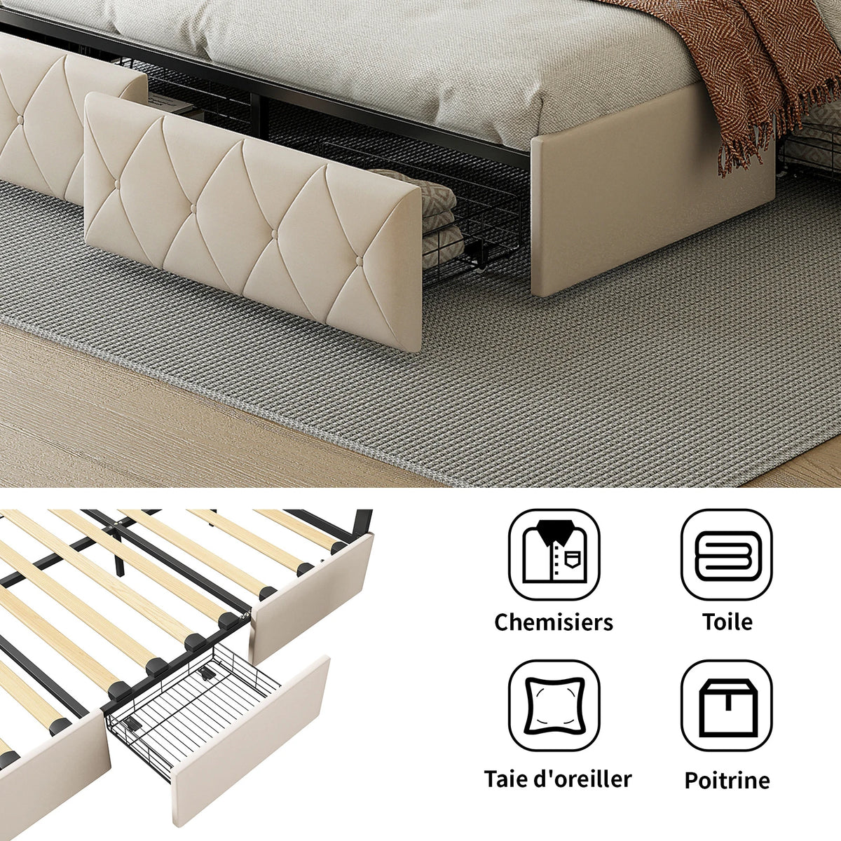 Modern Double Bed 140/160x200cm with LED Lighting, 4-Drawer Headboard, Adjustable Frame & Storage