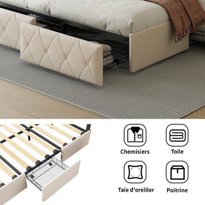 Modern Double Bed 140/160x200cm with LED Lighting, 4-Drawer Headboard, Adjustable Frame & Storage