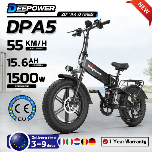 DEEPOWER A5 E-Bike Pieghevole 1500W 48V 15.6Ah Fat Tire 20” Bicicletta Elettrica MTB All Terrain 55km/h Autonomia 60km CE