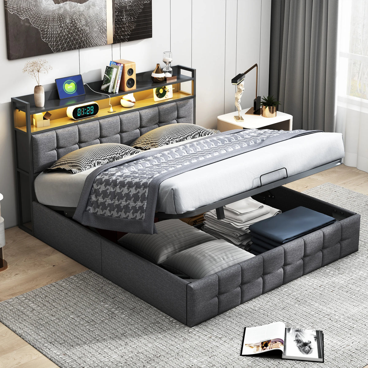 Double padded bed, 140x200 cm, bed 2 people Storage space, head with LED USB, wooden slatted box, Gray