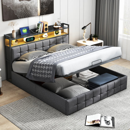 Double padded bed, 140x200 cm, bed 2 people Storage space, head with LED USB, wooden slatted box, Gray