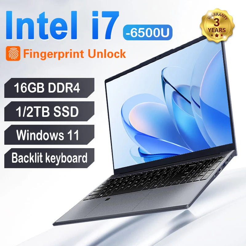 Laptop portatile da 15,6" con retroilluminazione Windows 11 processore Intel Core i7 6500U impronta digitale ideale per Ufficio, Lavoro e videogiochi.