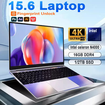 15.6" Windows 11 laptop Fingerprint unlocking Laptop Computer intel Celeron N4000 16GB RAM 1/2TB SSD notebook Gamer Computer PC