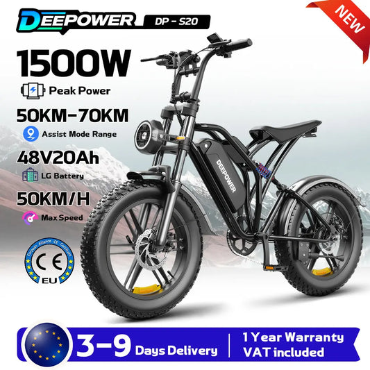 DEEPOWER S20 E-Bike Fat Tire 1500W 48V 20Ah Bicicletta Elettrica MTB 20” Off Road 70km Autonomia Uomo Donna CE