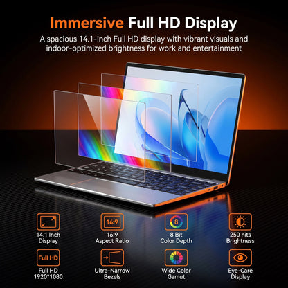 Laptop 14,1" Windows 11 – Intel Pentium N3700, 16GB RAM, SSD fino a 2TB, Display IPS Full HD 1920×1080