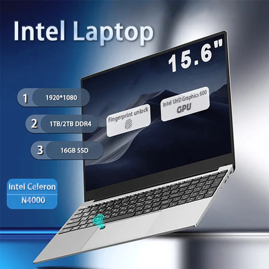 15.6"  Windows 11 Laptop Computer Intel Celeron N4000 Computer Fingerprint Unlock Notebook Laptops i7 Gaming 16GB DDR4 1/2TB SSD