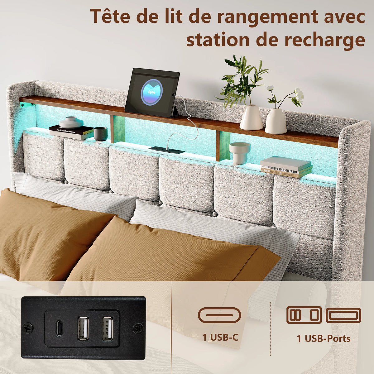 Trunk bed 160x200 with LED box bed USB padded Double bed with 4 drawers padded bed with slatted box and headboard