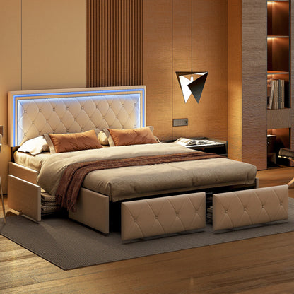 Modern Double Bed 140/160x200cm with LED Lighting, 4-Drawer Headboard, Adjustable Frame & Storage