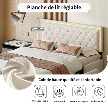 Modern Double Bed 140/160x200cm with LED Lighting, 4-Drawer Headboard, Adjustable Frame & Storage