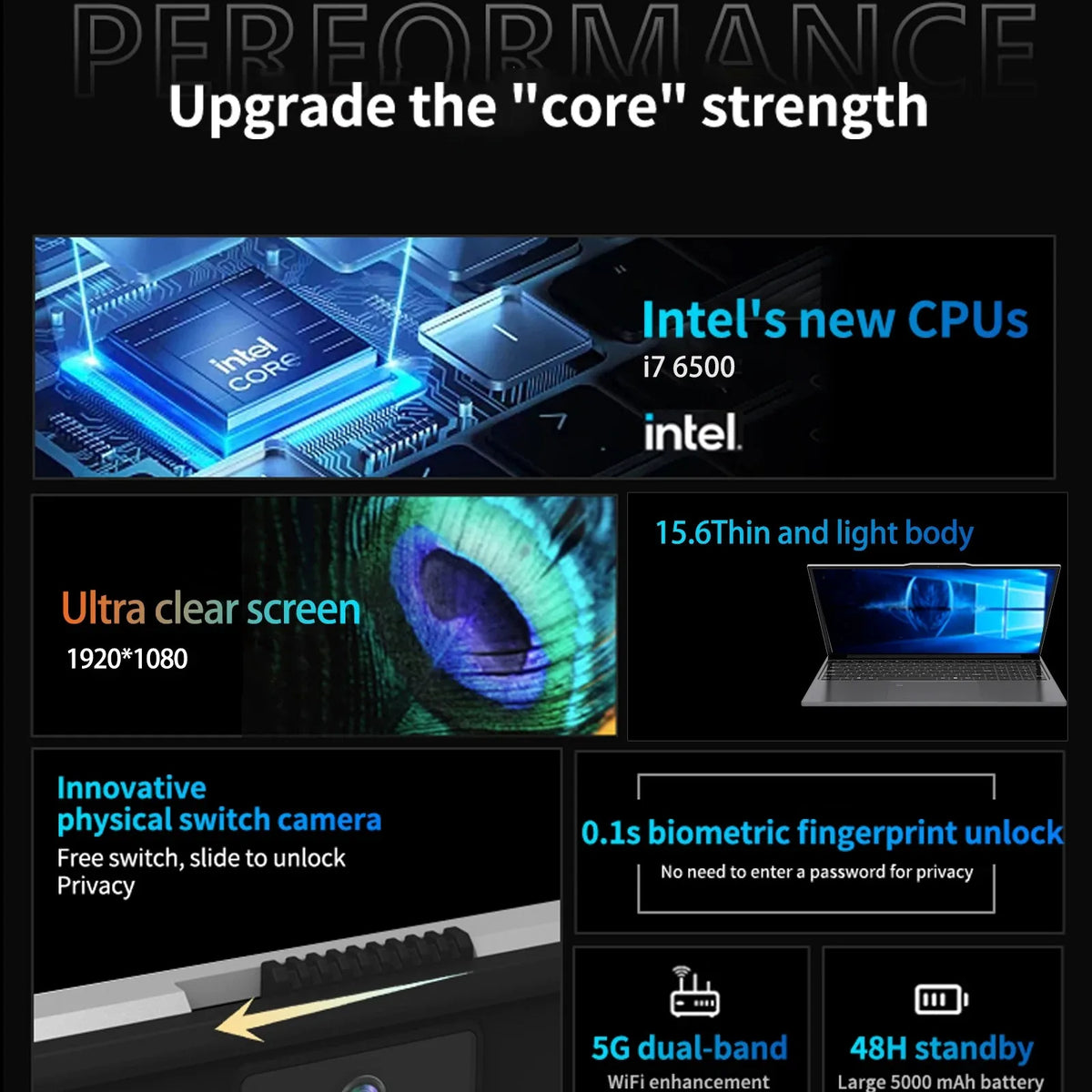 Laptop portatile da 15,6" con retroilluminazione Windows 11 processore Intel Core i7 6500U impronta digitale ideale per Ufficio, Lavoro e videogiochi.