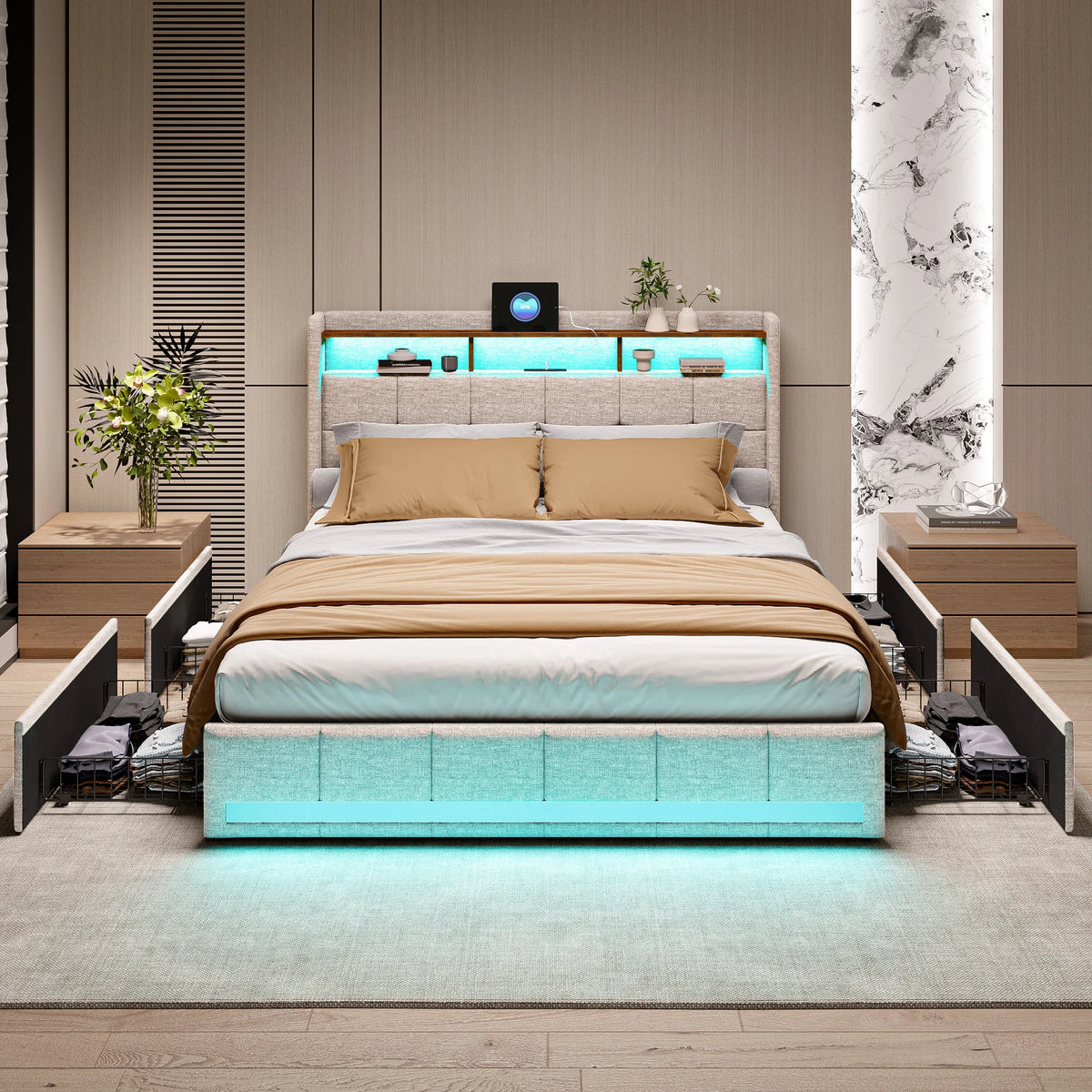 Trunk bed 160x200 with LED box bed USB padded Double bed with 4 drawers padded bed with slatted box and headboard