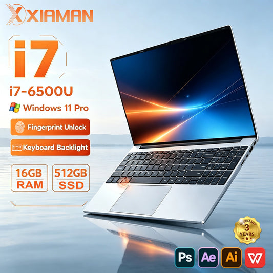 Laptop 15,6" Windows 11 – Intel Core i7-6500U, 16GB RAM, SSD 512GB/1TB, Display Full HD, Tastiera Retroilluminata e Impronta Digitale