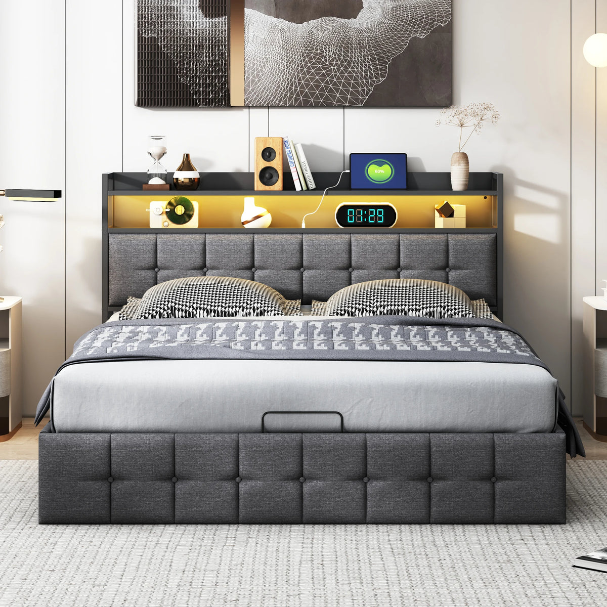 Double padded bed, 140x200 cm, bed 2 people Storage space, head with LED USB, wooden slatted box, Gray