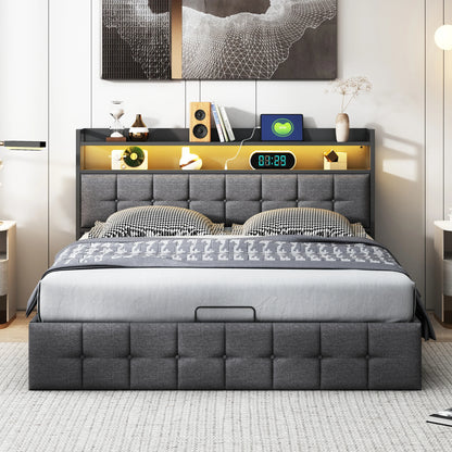 Double padded bed, 140x200 cm, bed 2 people Storage space, head with LED USB, wooden slatted box, Gray