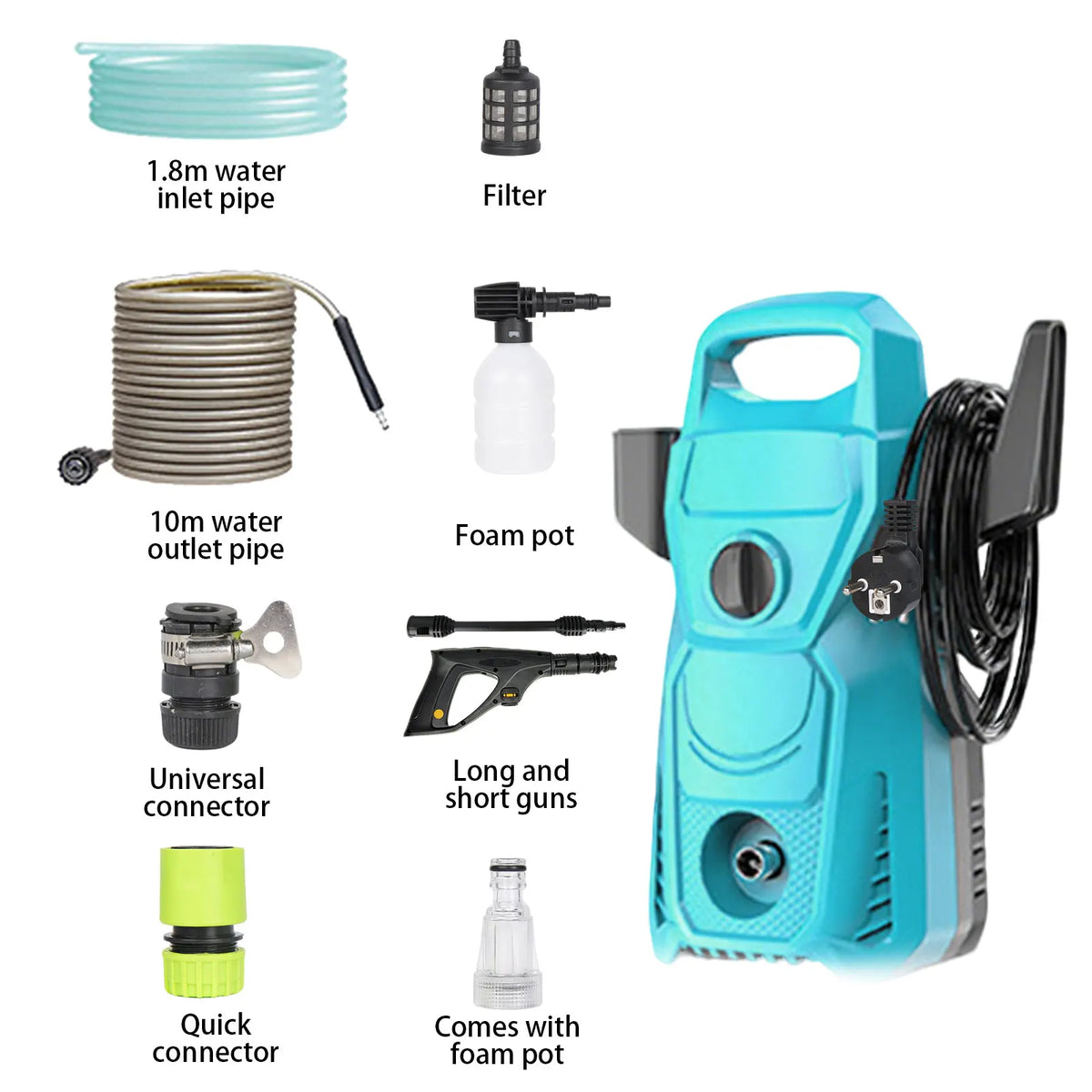 135bar Electric High Pressure Washer 220V ,1500W, 5.60 L/min,10M Water Pipe Adjustable Pressure Nozzle for Car Home Garden Clean