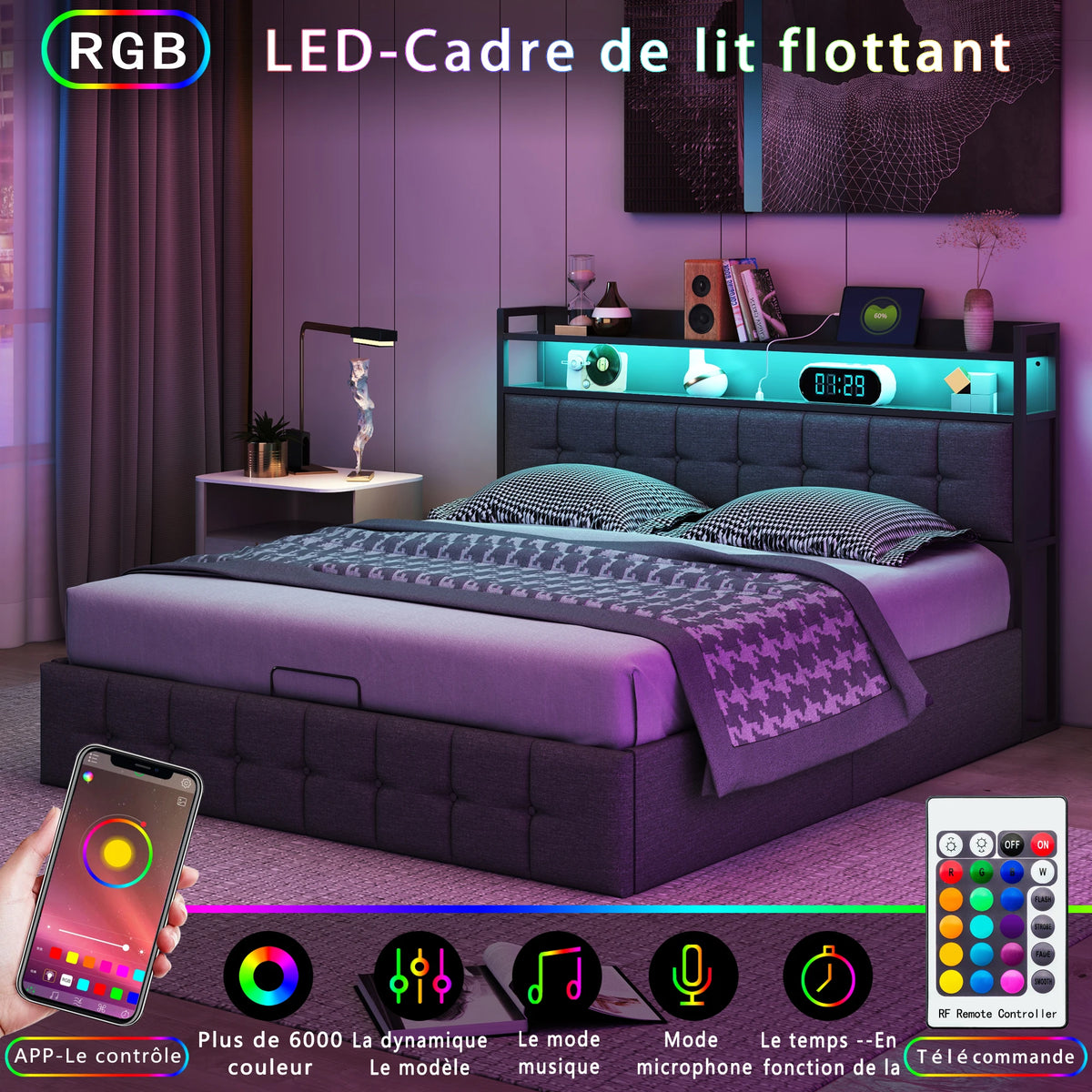 Double padded bed, 140x200 cm, bed 2 people Storage space, head with LED USB, wooden slatted box, Gray