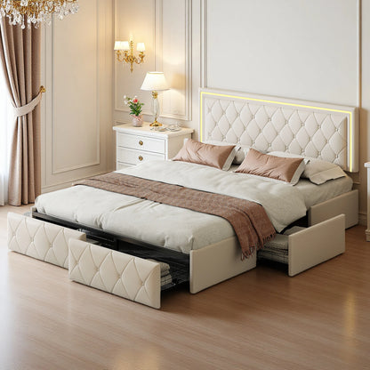 Modern Double Bed 140/160x200cm with LED Lighting, 4-Drawer Headboard, Adjustable Frame & Storage