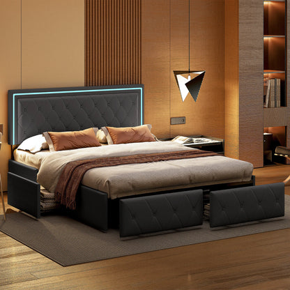 Modern Double Bed 140/160x200cm with LED Lighting, 4-Drawer Headboard, Adjustable Frame & Storage