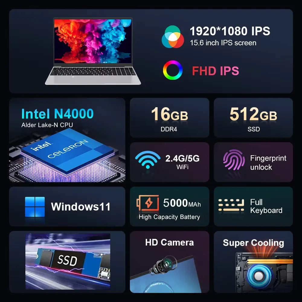 15.6"  Windows 11 Laptop Computer Intel Celeron N4000 Computer Fingerprint Unlock Notebook Laptops i7 Gaming 16GB DDR4 1/2TB SSD